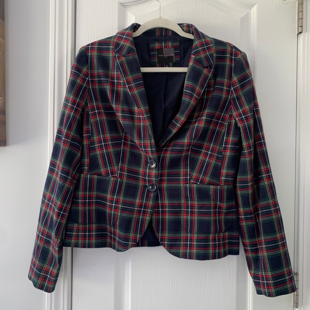 The Limited Womens Plaid Blazer Navy Green Red Tartan Two Button Jacket Size M